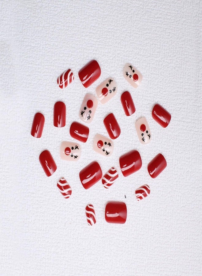 OCOUYVD Christmas Short Square Press on Nails Winter Xmas Red and White Stripe Reindeer Designs Pink Glossy False Nail Full Cover Christmas Acrylic Stick on Nails for Women Nail Art DIY 24 Pcs - Image 2